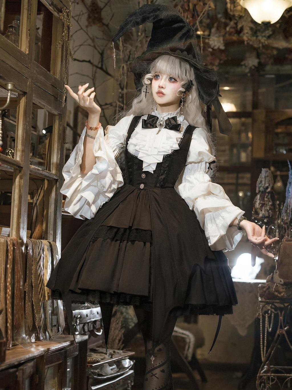 Jing Mu Dark Gothic Lolita Witch Suspender Dress Blouse Hat Women's Jsk Sets