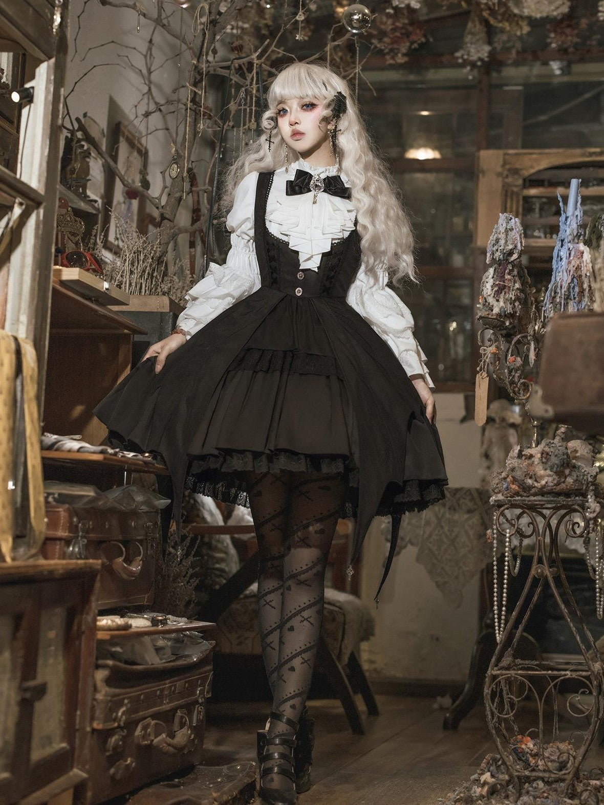 Jing Mu Dark Gothic Lolita Witch Suspender Dress Blouse Hat Women's Jsk Sets