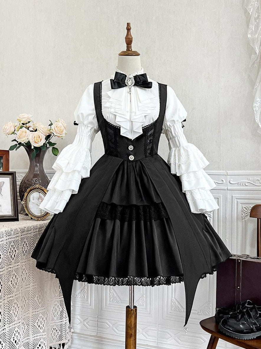 Jing Mu Dark Gothic Lolita Witch Suspender Dress Blouse Hat Women's Jsk Sets