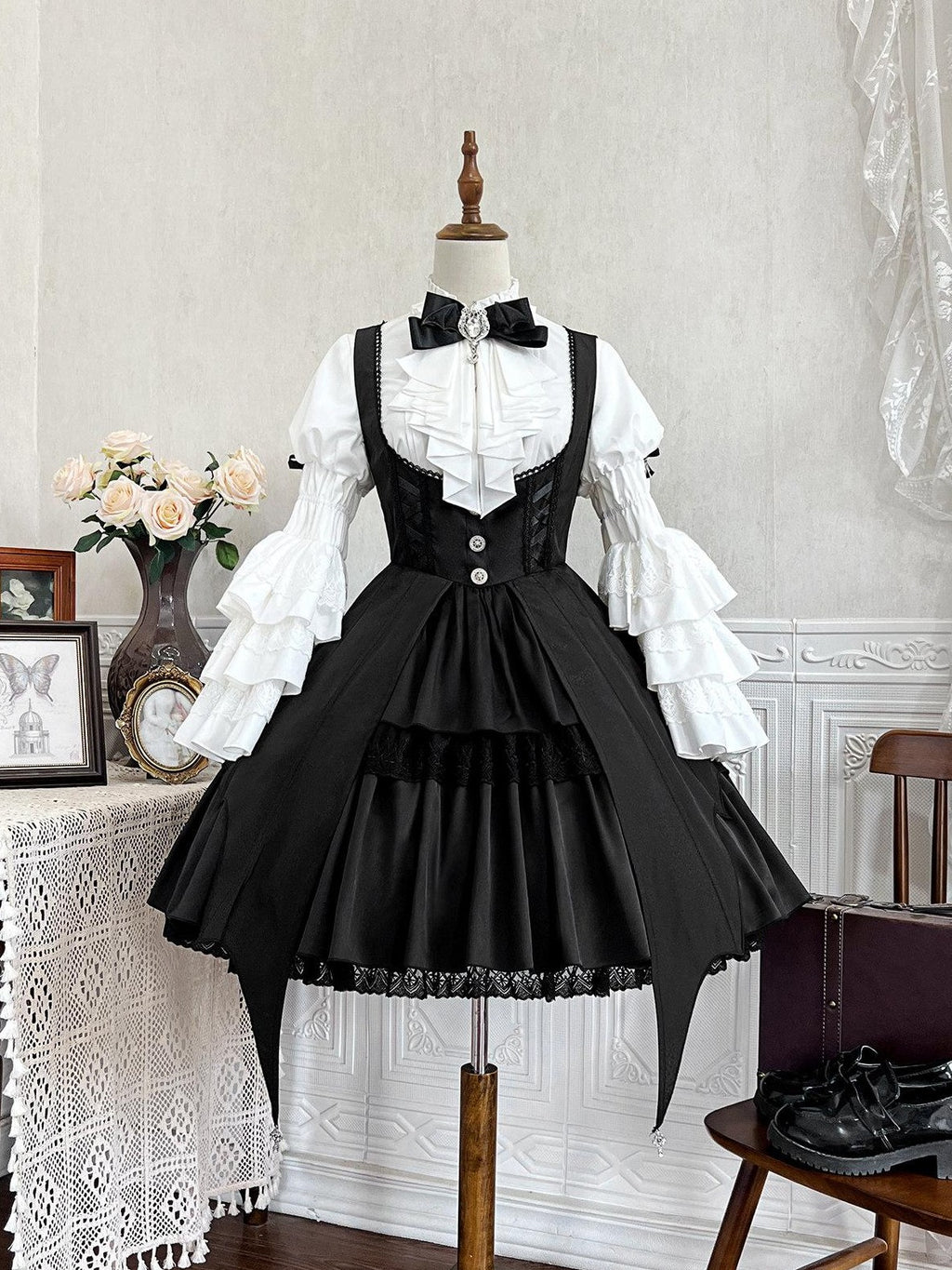 Jing Mu Dark Gothic Lolita Witch Suspender Dress Blouse Hat Women's Jsk Sets