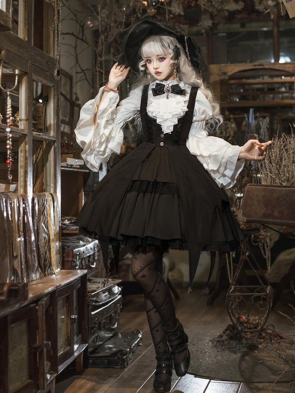 Jing Mu Dark Gothic Lolita Witch Suspender Dress Blouse Hat Women's Jsk Sets