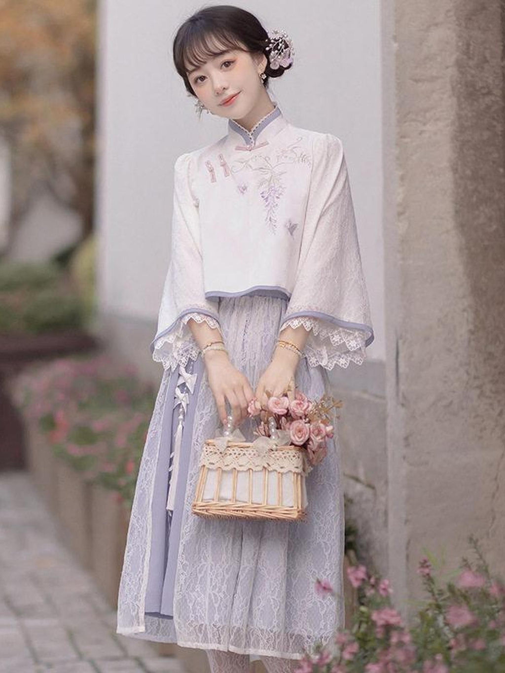 Jing Mu Embroidered Lace Qipao Republic Era Vintage Women's Polyester Skirt Sets