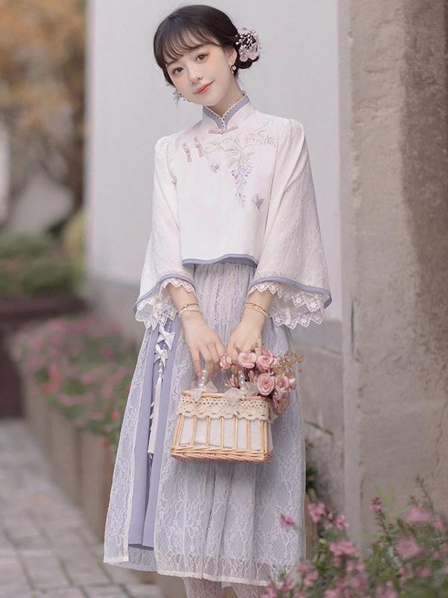 Jing Mu Embroidered Lace Qipao Republic Era Vintage Women's Polyester Skirt Sets