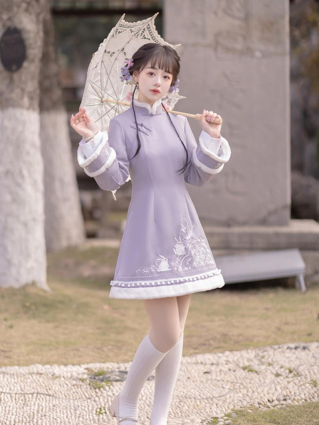 Jing Mu Embroidered Qipao Vest Removable Rabbit Ears Women's Polyester Long Sleeve Op