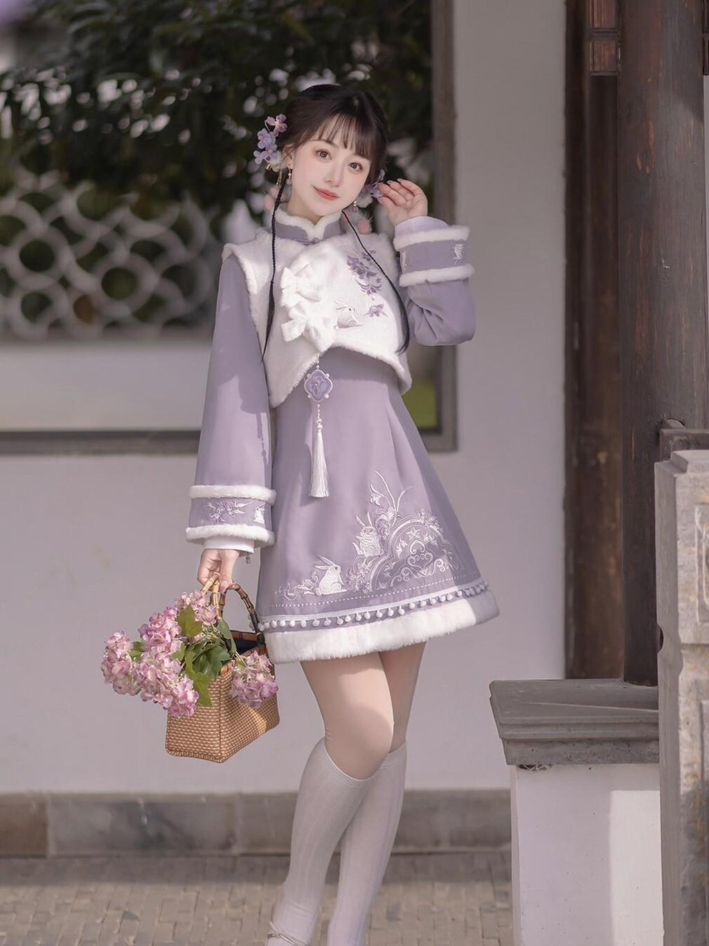 Jing Mu Embroidered Qipao Vest Removable Rabbit Ears Women's Polyester Long Sleeve Op