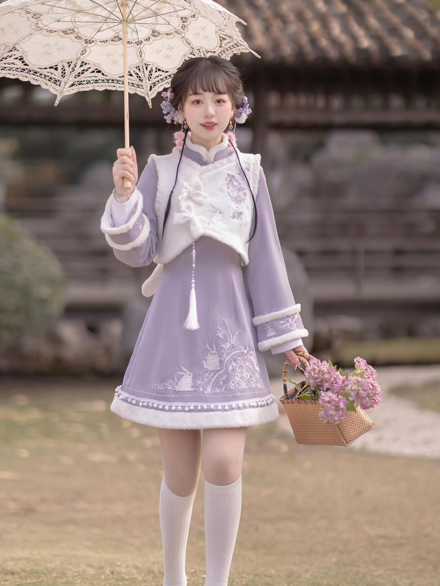 Jing Mu Embroidered Qipao Vest Removable Rabbit Ears Women's Polyester Long Sleeve Op