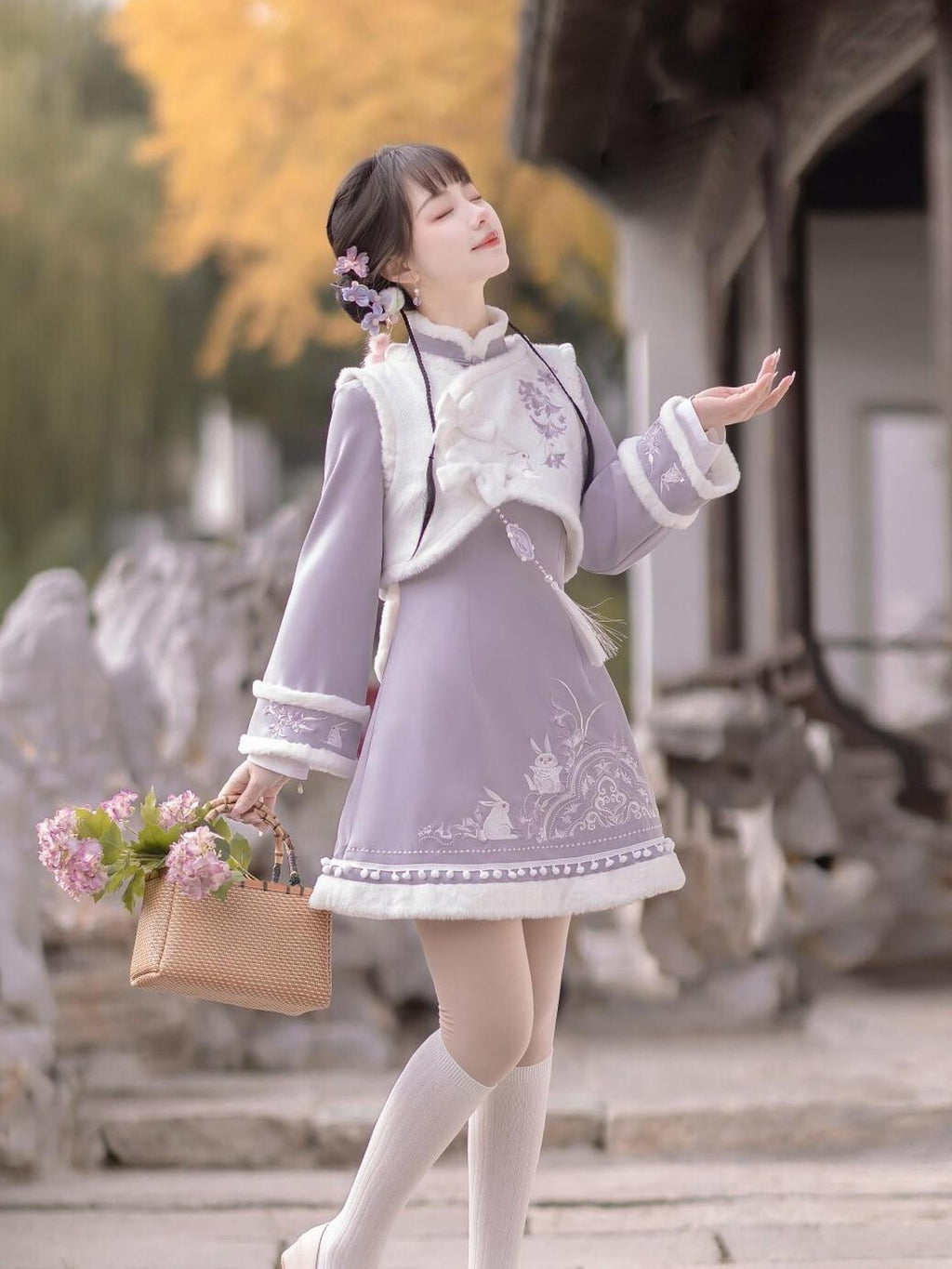 Jing Mu Embroidered Qipao Vest Removable Rabbit Ears Women's Polyester Long Sleeve Op