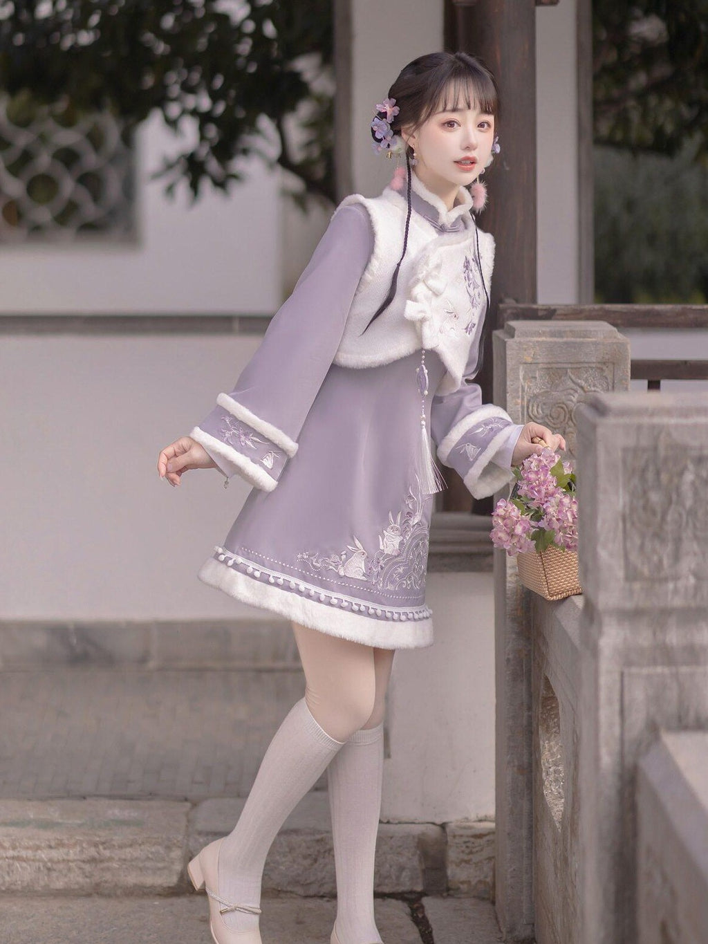 Jing Mu Embroidered Qipao Vest Removable Rabbit Ears Women's Polyester Long Sleeve Op