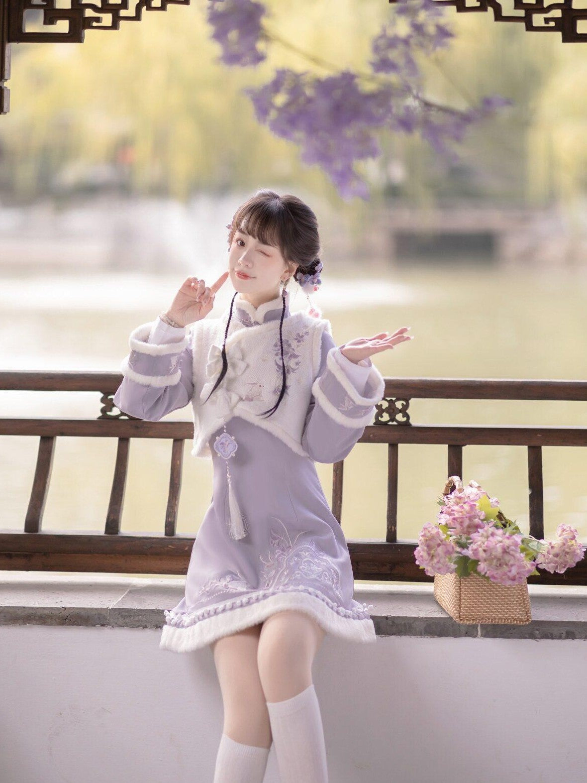 Jing Mu Embroidered Qipao Vest Removable Rabbit Ears Women's Polyester Long Sleeve Op