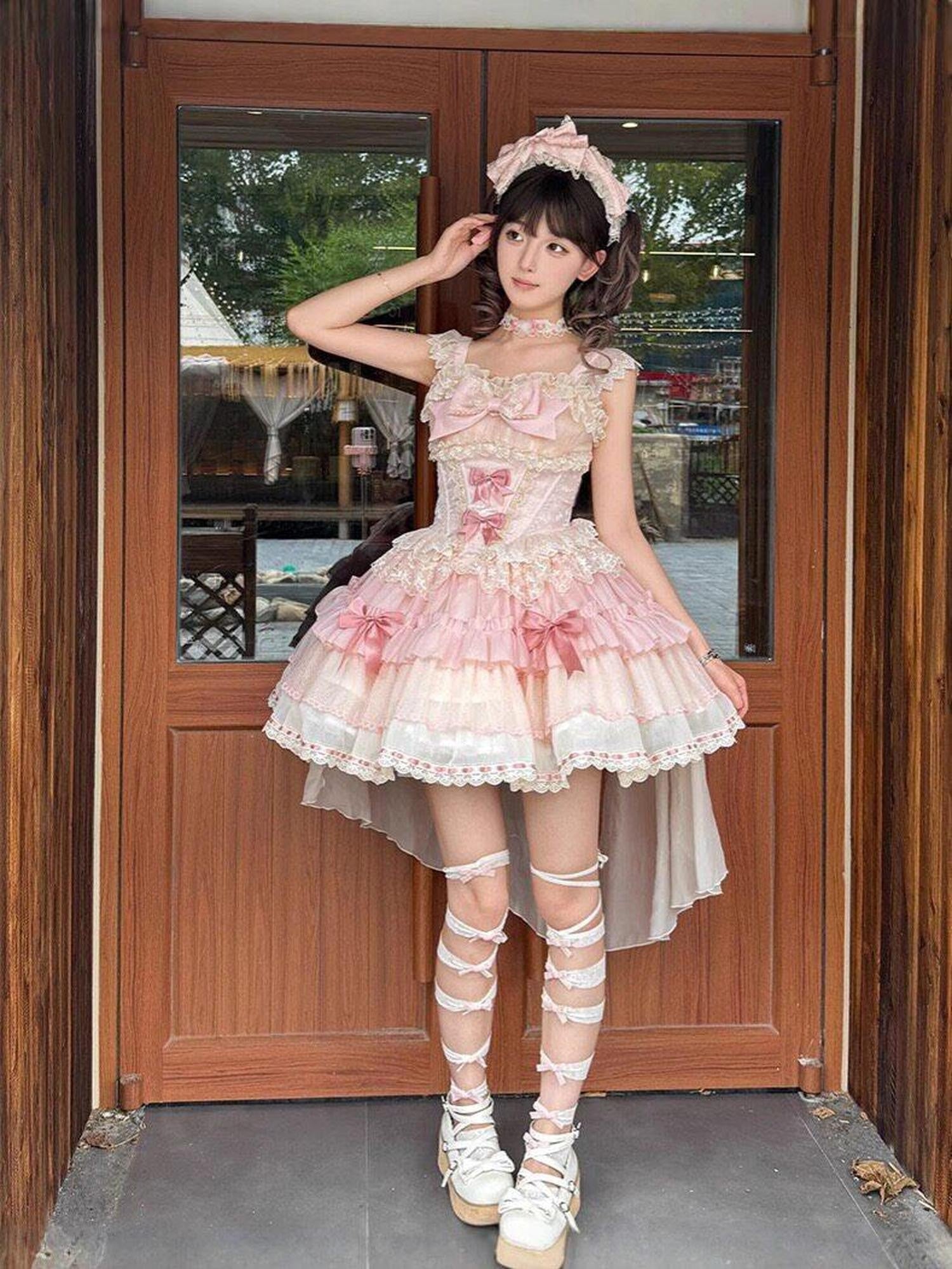 Jing Mu Floral Ballet Lolita Suspender Tiered A Line Women's Jsk / Jumper Skirts