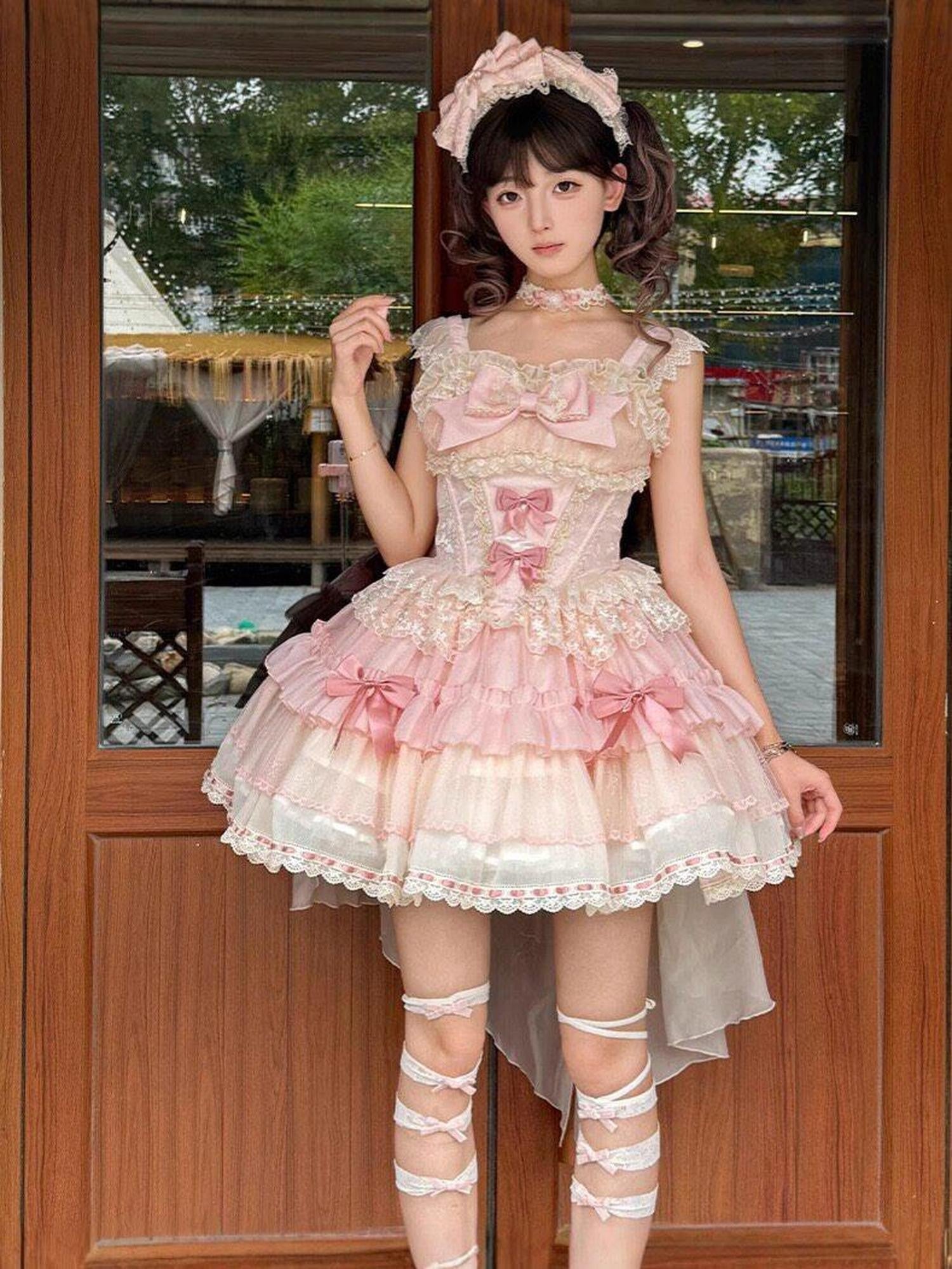 Jing Mu Floral Ballet Lolita Suspender Tiered A Line Women's Jsk / Jumper Skirts