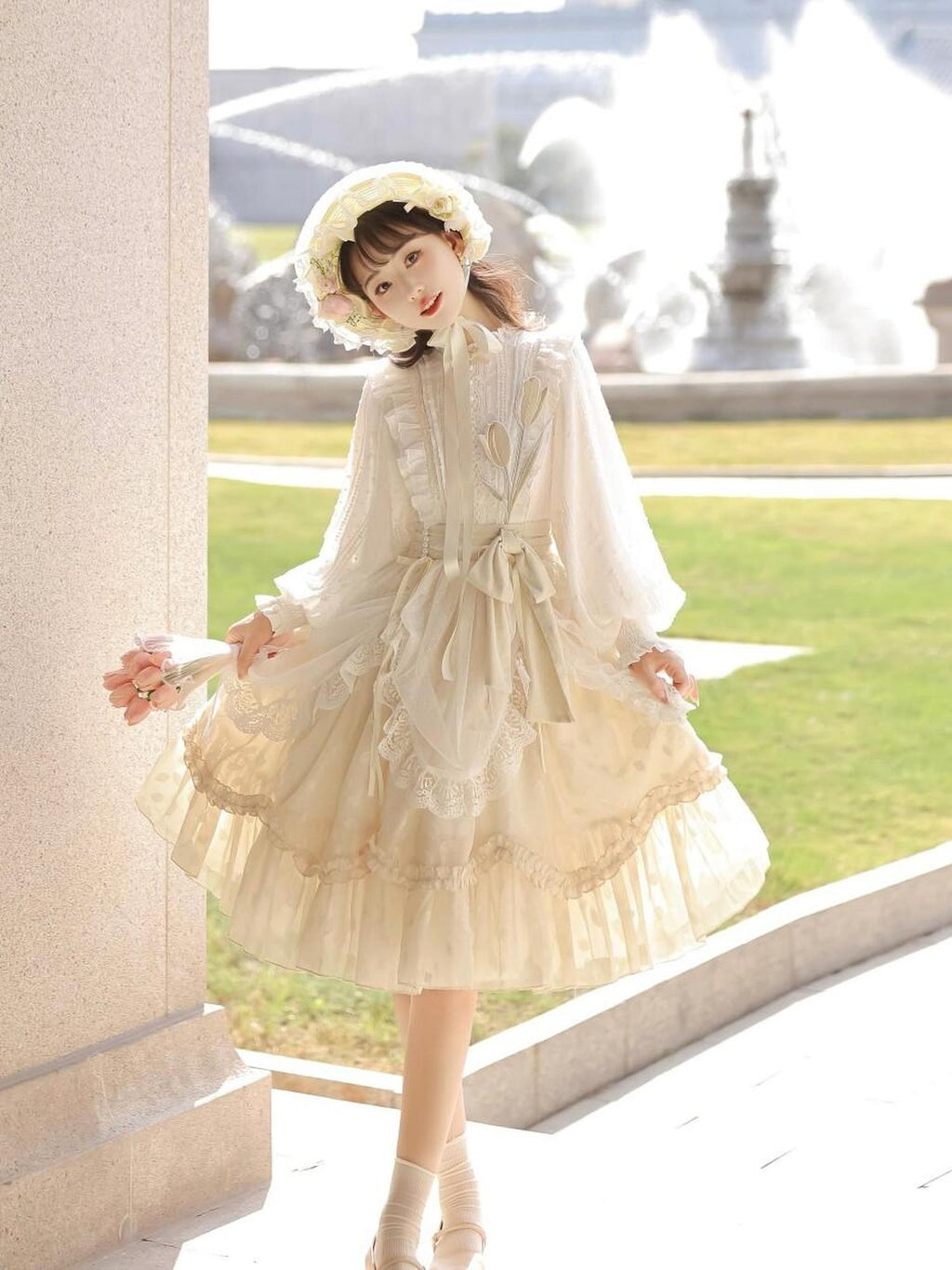 Jing Mu Floral Print Stand Collar Lolita Princess Women's Polyester Long Sleeve Op