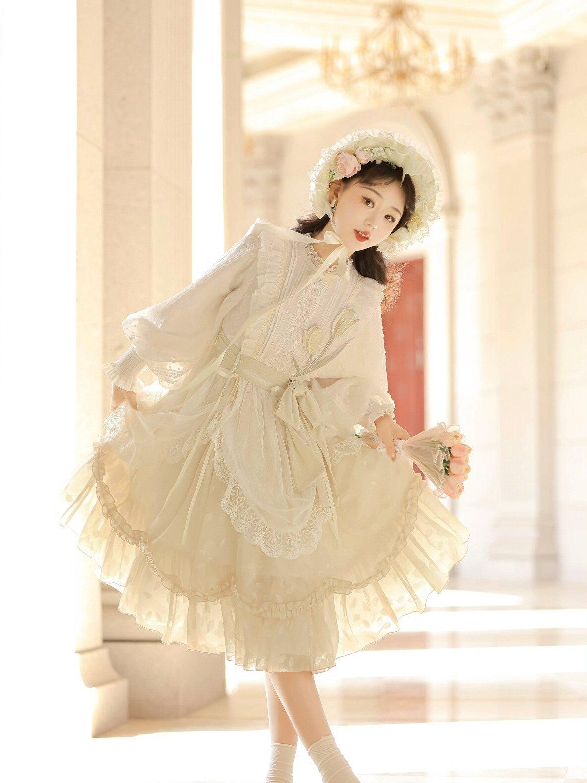 Jing Mu Floral Print Stand Collar Lolita Princess Women's Polyester Long Sleeve Op