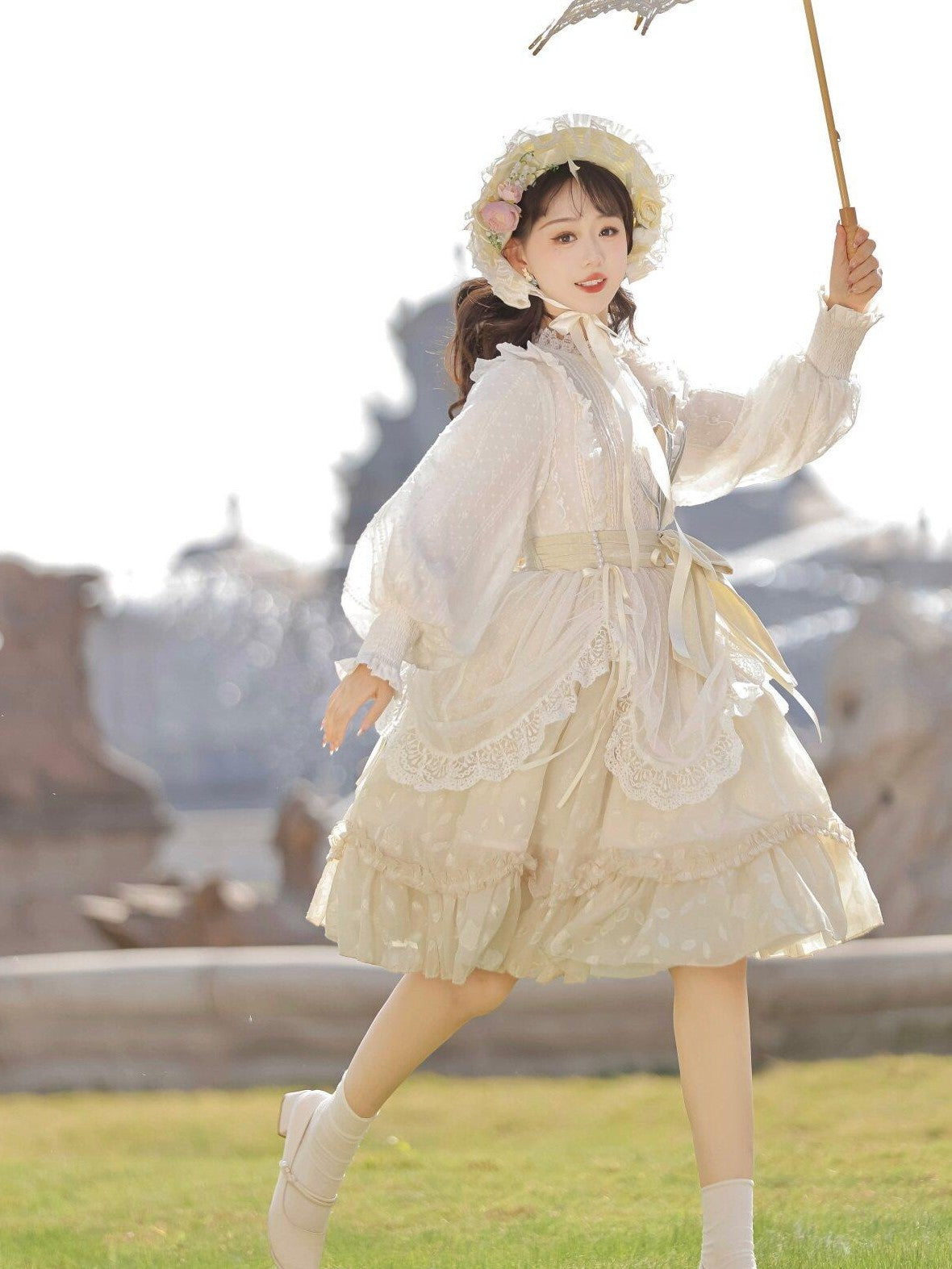 Jing Mu Floral Print Stand Collar Lolita Princess Women's Polyester Long Sleeve Op
