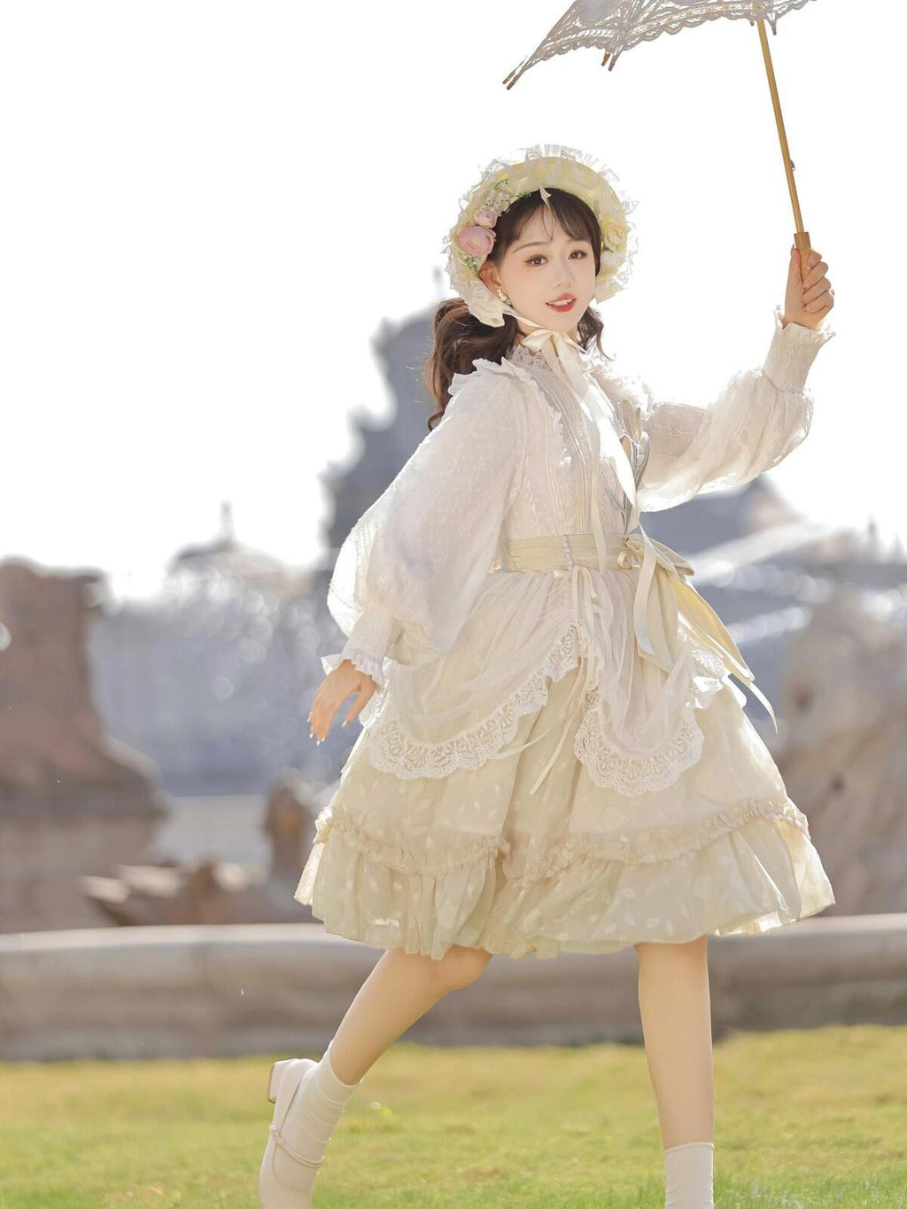 Jing Mu Floral Print Stand Collar Lolita Princess Women's Polyester Long Sleeve Op