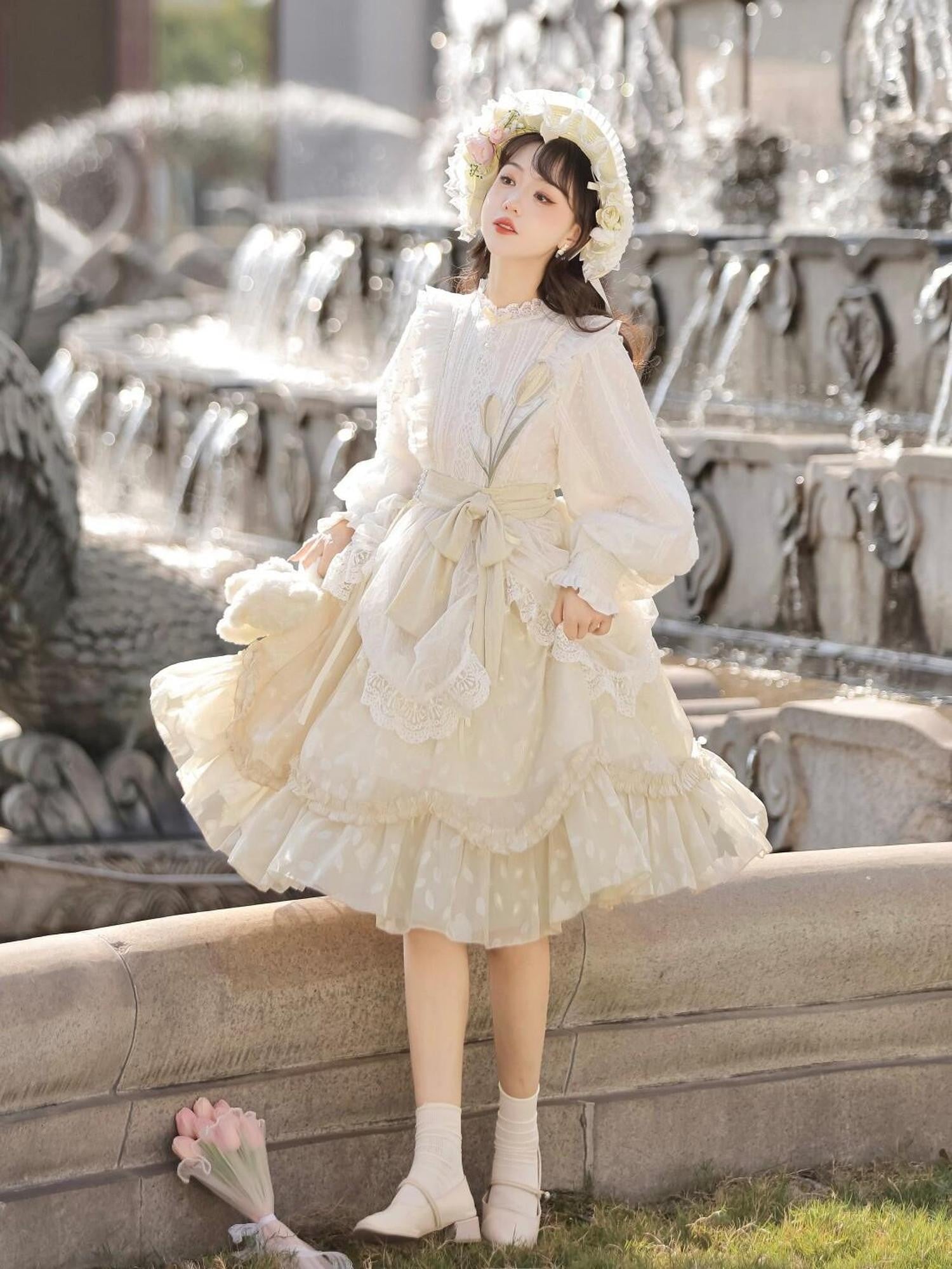 Jing Mu Floral Print Stand Collar Lolita Princess Women's Polyester Long Sleeve Op