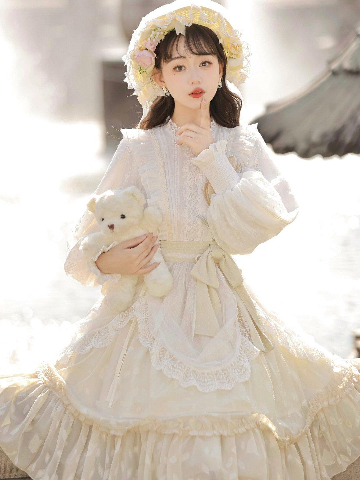 Jing Mu Floral Print Stand Collar Lolita Princess Women's Polyester Long Sleeve Op