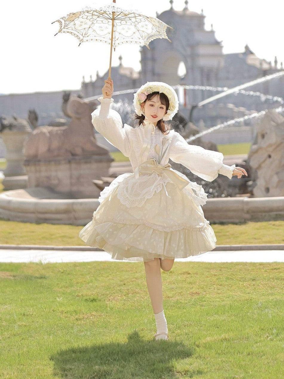 Jing Mu Floral Print Stand Collar Lolita Princess Women's Polyester Long Sleeve Op