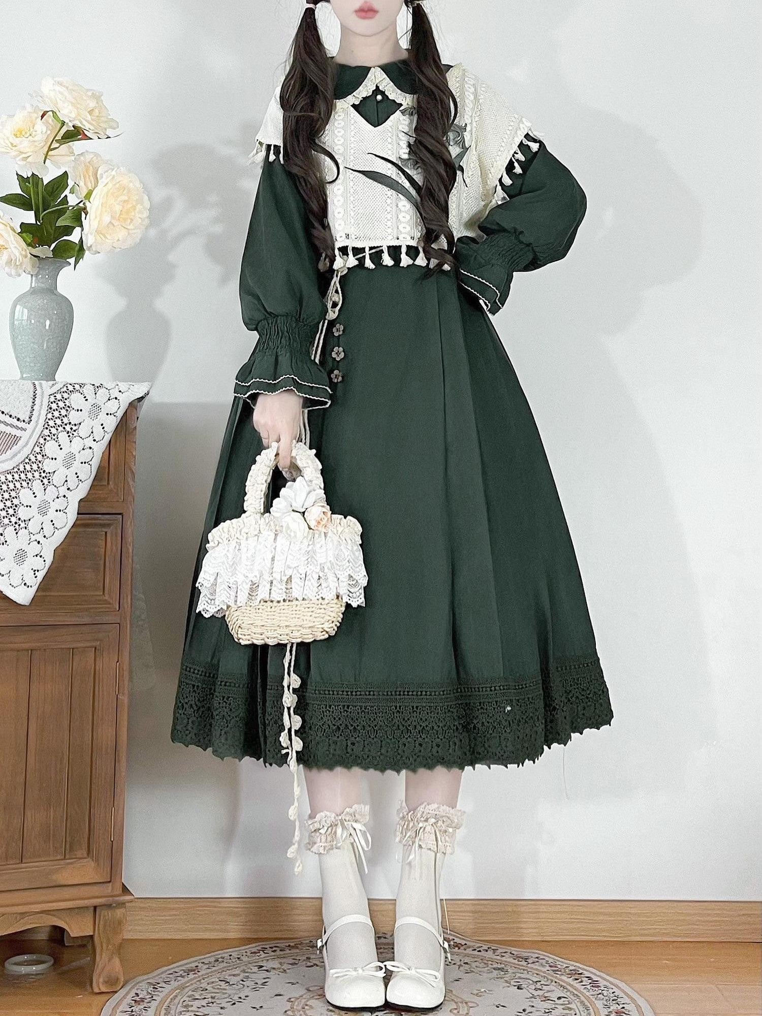 Jing Mu Forest Green Doll Collar A Line Lolita Vest Set Women's Long Sleeve Op