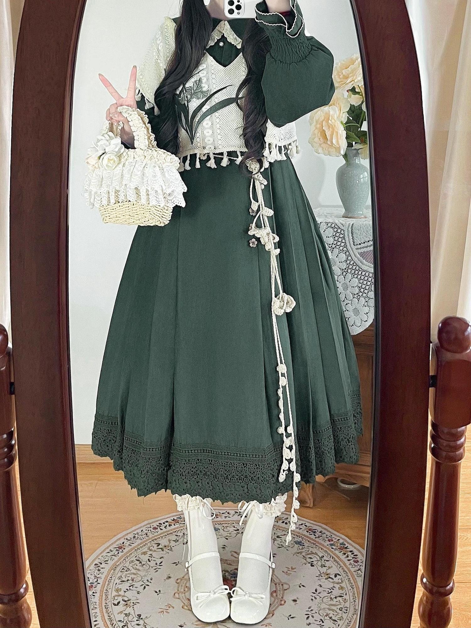 Jing Mu Forest Green Doll Collar A Line Lolita Vest Set Women's Long Sleeve Op