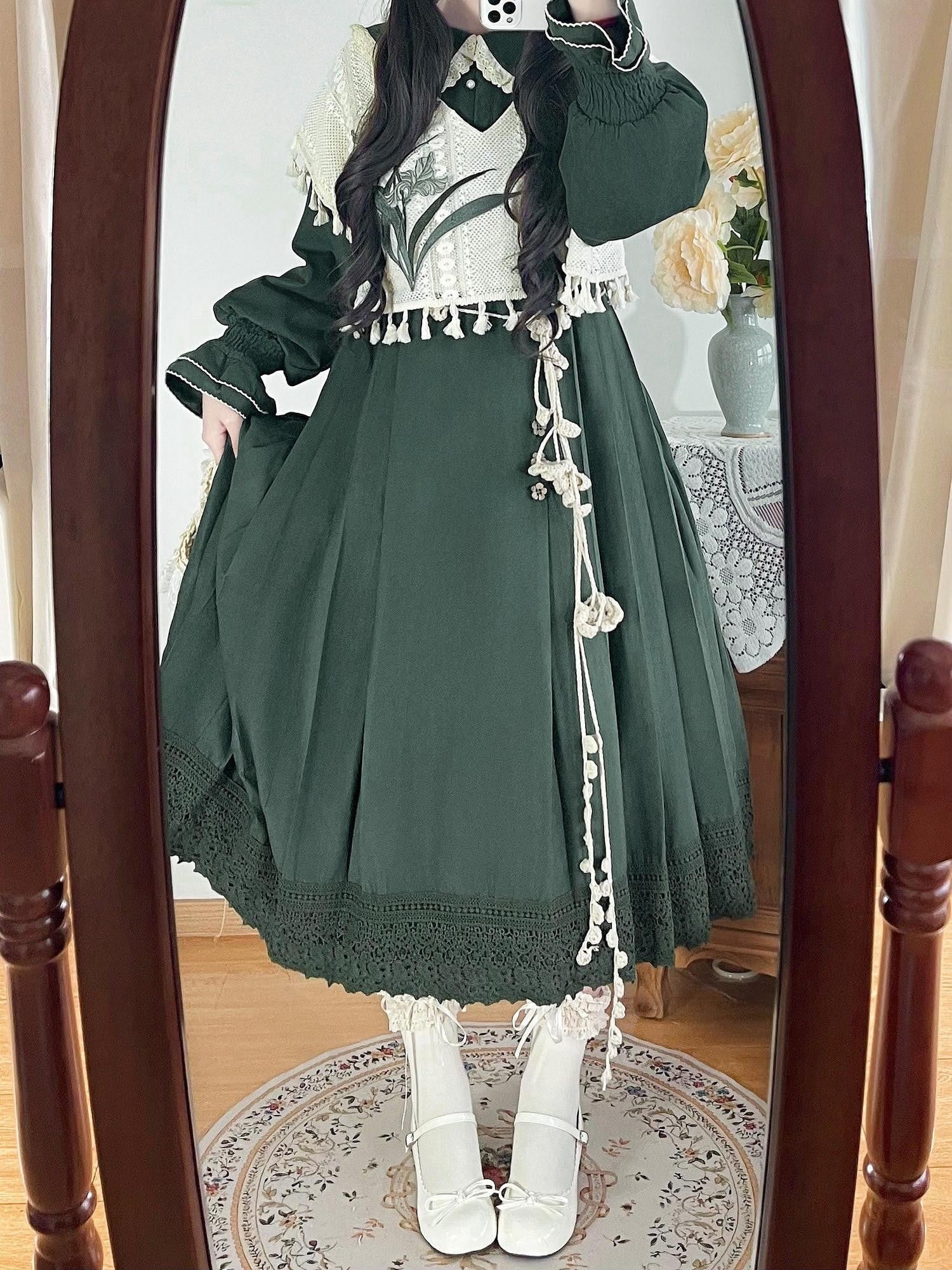 Jing Mu Forest Green Doll Collar A Line Lolita Vest Set Women's Long Sleeve Op