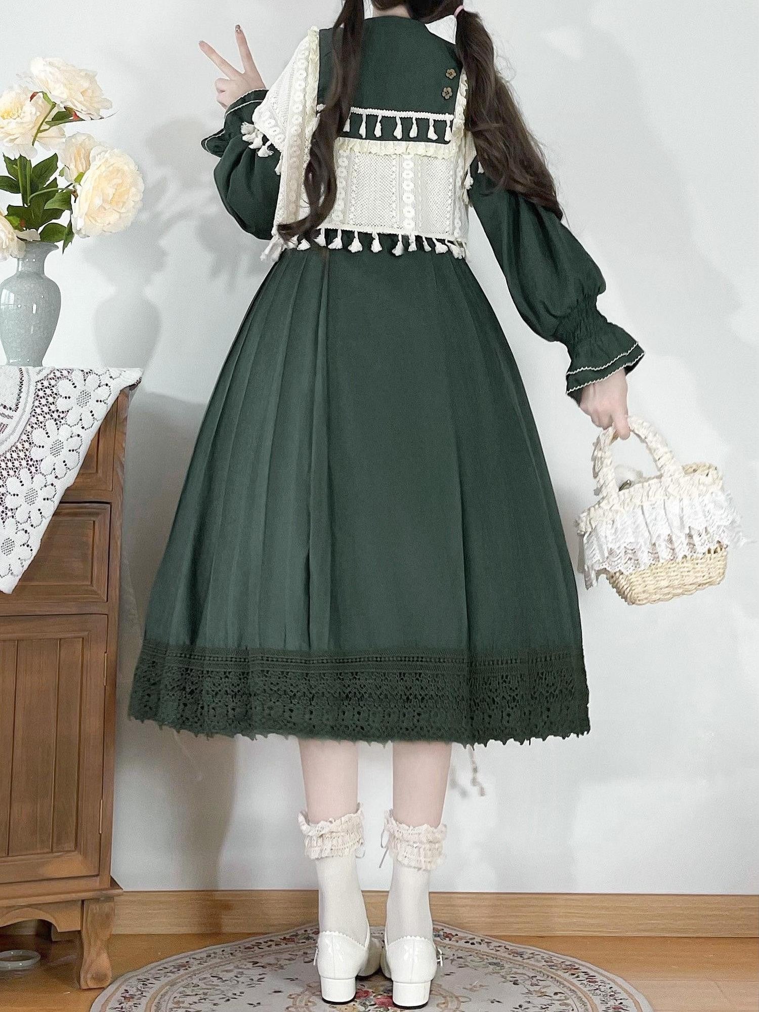 Jing Mu Forest Green Doll Collar A Line Lolita Vest Set Women's Long Sleeve Op