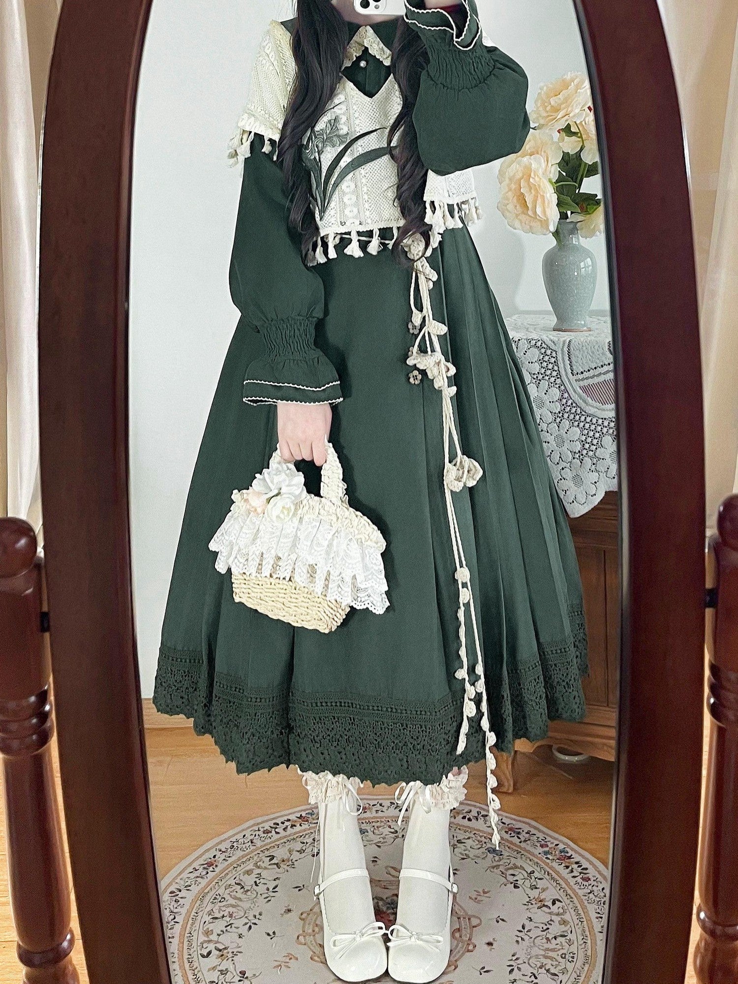 Jing Mu Forest Green Doll Collar A Line Lolita Vest Set Women's Long Sleeve Op
