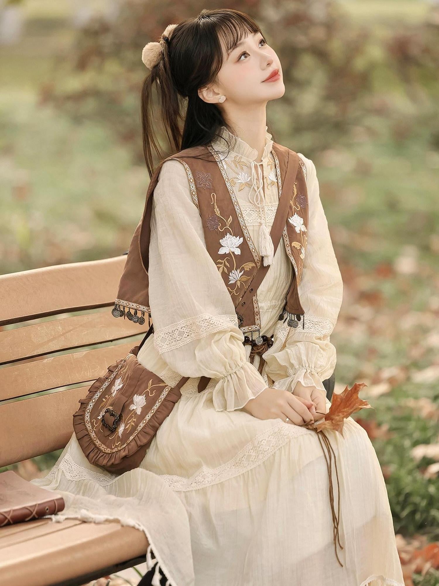 Jing Mu Fringe Patchwork Bohemian Ethnic Vest A Line Dress Women's Polyester Op Sets