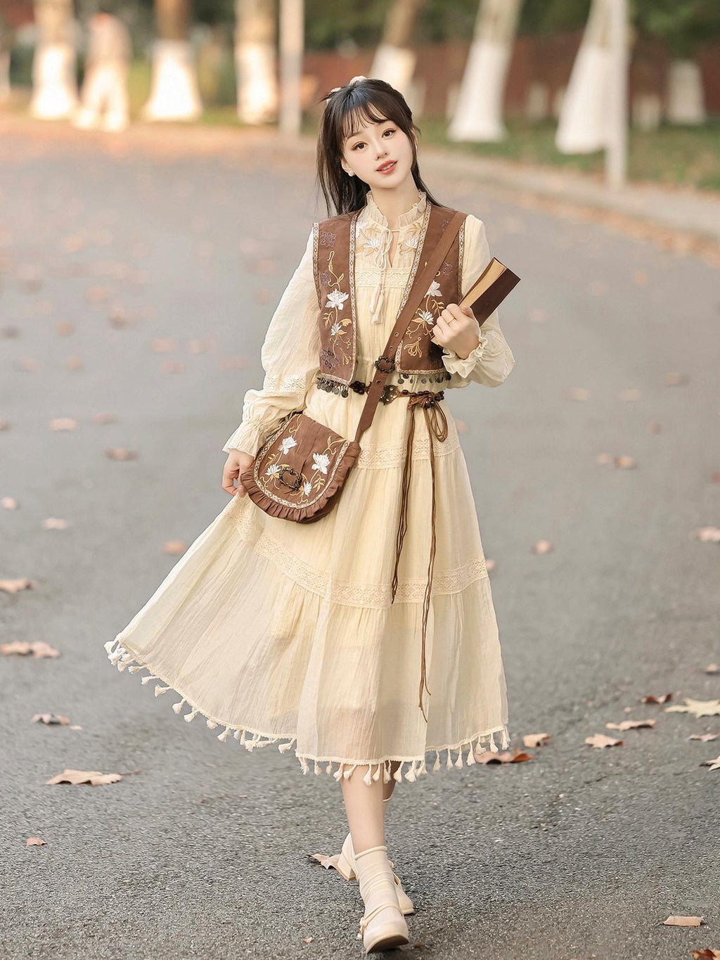 Jing Mu Fringe Patchwork Bohemian Ethnic Vest A Line Dress Women's Polyester Op Sets