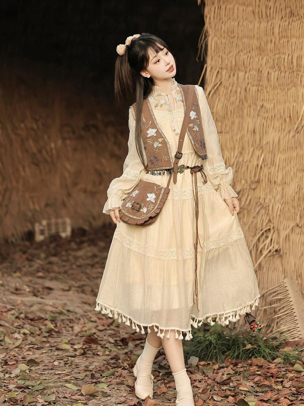Jing Mu Fringe Patchwork Bohemian Ethnic Vest A Line Dress Women's Polyester Op Sets