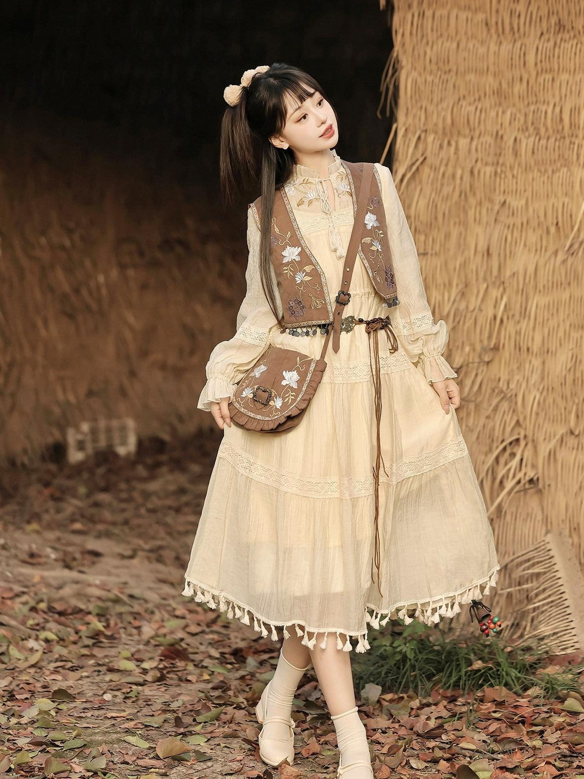 Jing Mu Fringe Patchwork Bohemian Ethnic Vest A Line Dress Women's Polyester Op Sets
