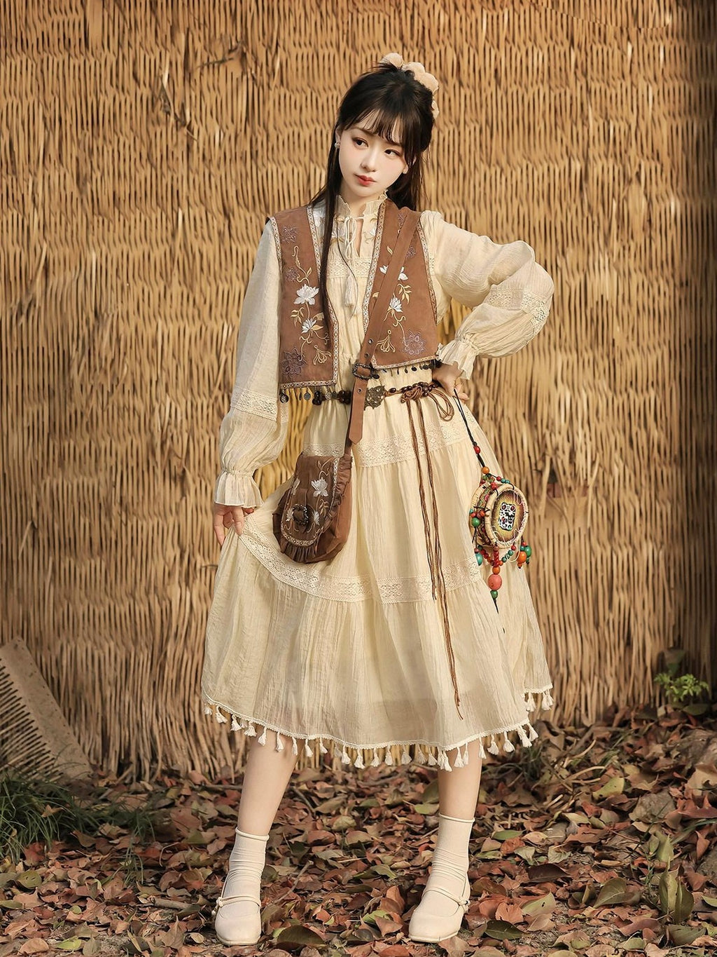 Jing Mu Fringe Patchwork Bohemian Ethnic Vest A Line Dress Women's Polyester Op Sets