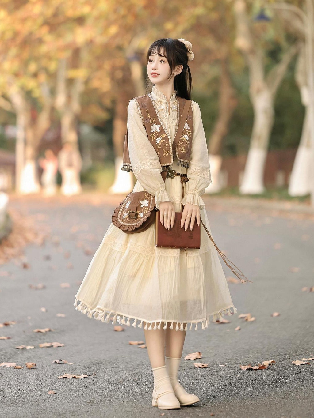 Jing Mu Fringe Patchwork Bohemian Ethnic Vest A Line Dress Women's Polyester Op Sets