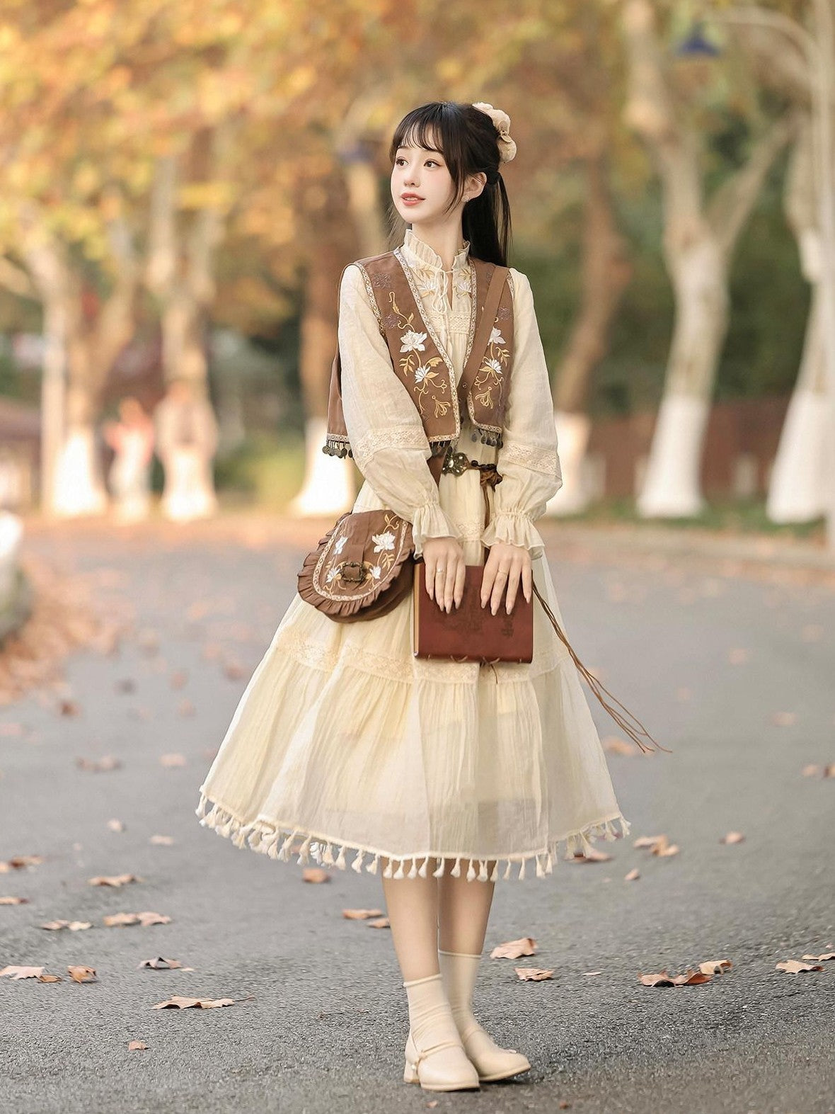 Jing Mu Fringe Patchwork Bohemian Ethnic Vest A Line Dress Women's Polyester Op Sets