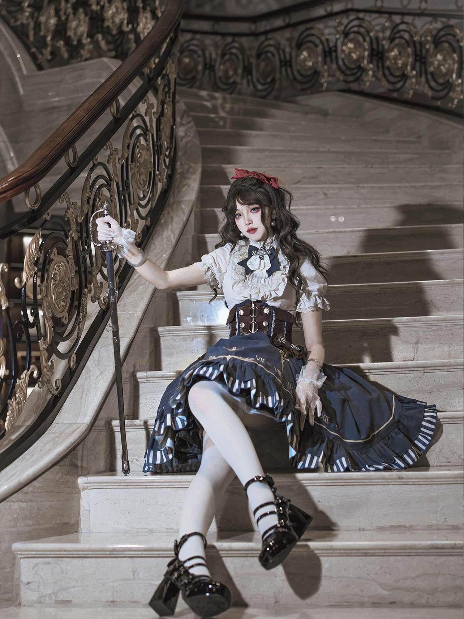 Jing Mu Gilded Clock Hand Steampunk Lolita Court Waist Cincher Women's Skirt Sets