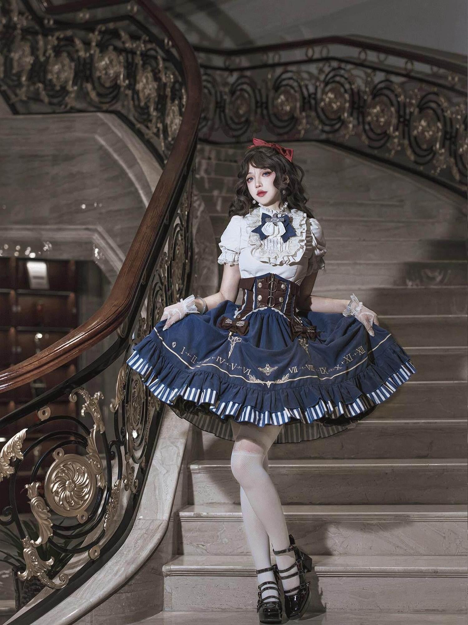 Jing Mu Gilded Clock Hand Steampunk Lolita Court Waist Cincher Women's Skirt Sets