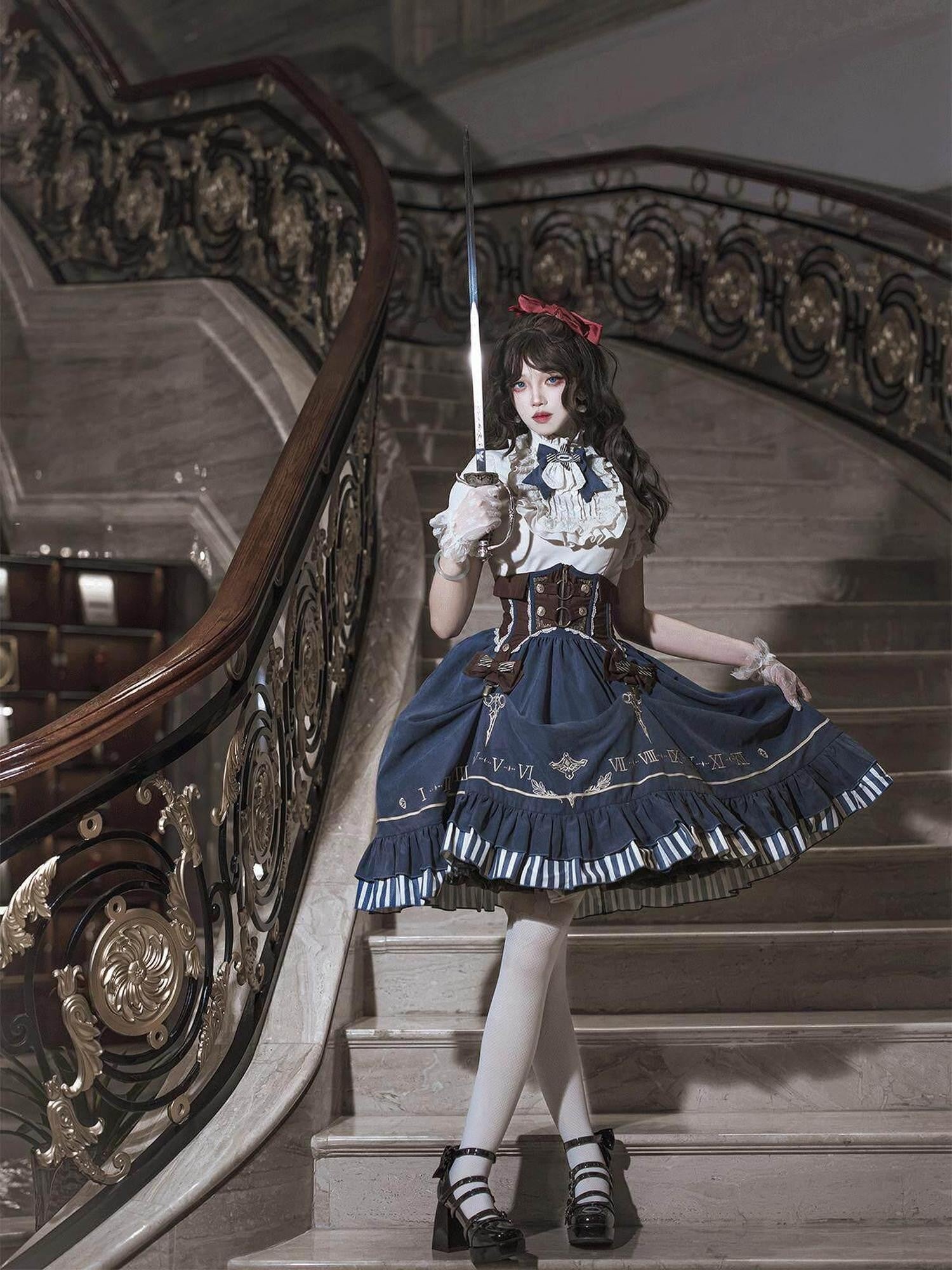 Jing Mu Gilded Clock Hand Steampunk Lolita Court Waist Cincher Women's Skirt Sets