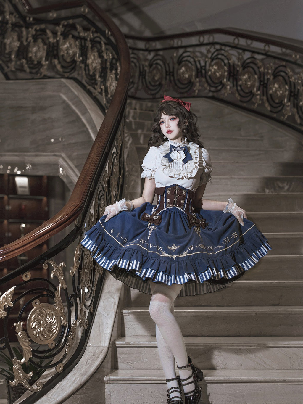 Jing Mu Gilded Clockhand Gothic Lolita Stand Collar Waist Cinch Women's Skirt Sets