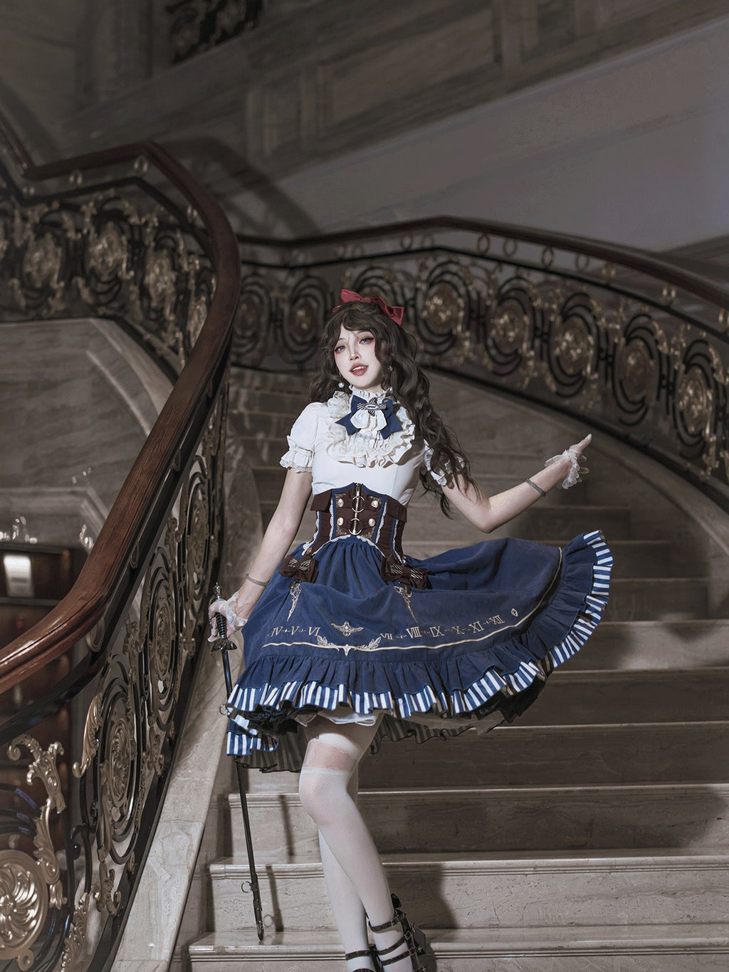 Jing Mu Gilded Clockhand Gothic Lolita Stand Collar Waist Cinch Women's Skirt Sets