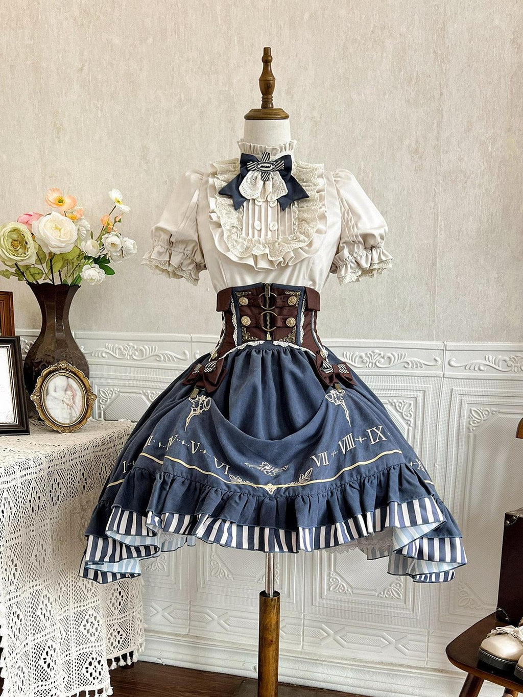 Jing Mu Gilded Clockhand Gothic Lolita Stand Collar Waist Cinch Women's Skirt Sets