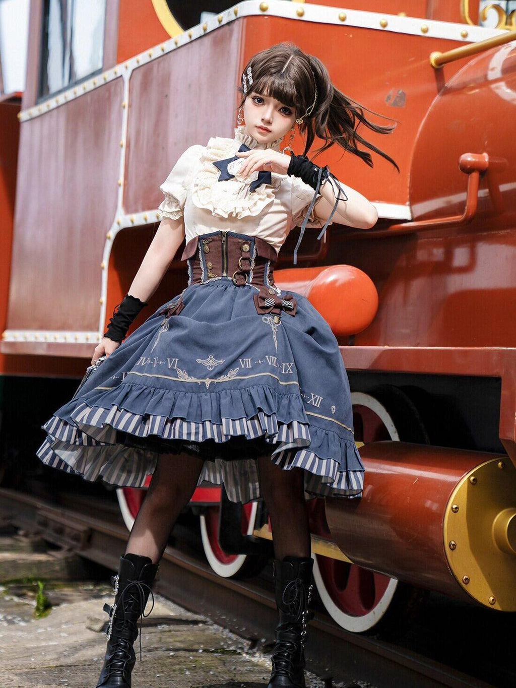 Jing Mu Gilded Clockhand Gothic Lolita Stand Collar Waist Cinch Women's Skirt Sets