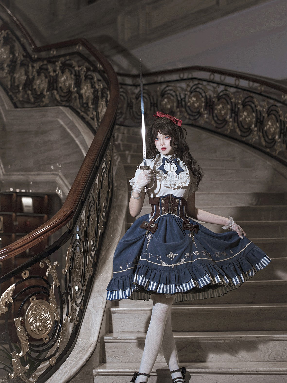 Jing Mu Gilded Clockhand Gothic Lolita Stand Collar Waist Cinch Women's Skirt Sets