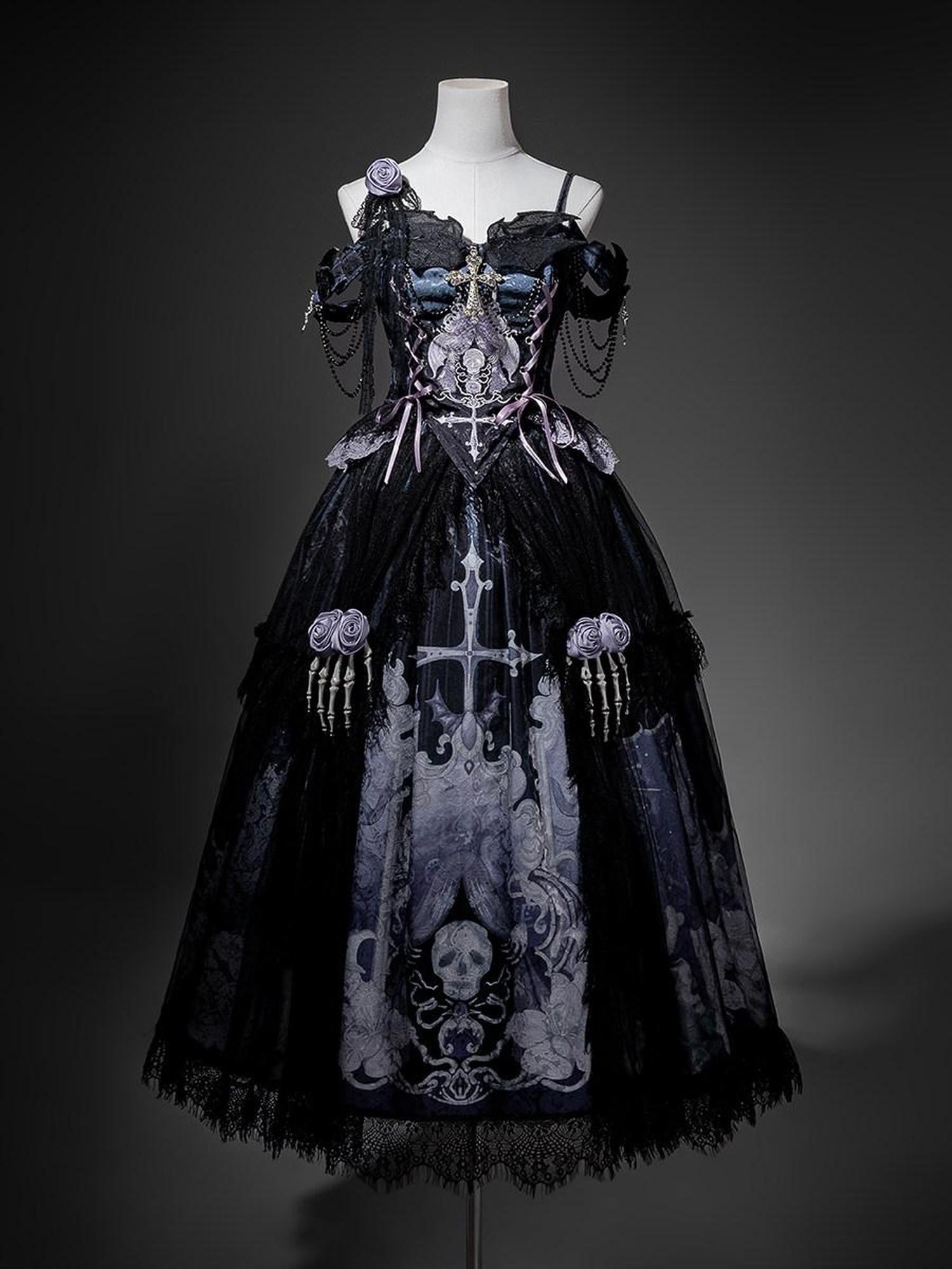 Jing Mu Gothic Lolita Skeletal Corset Floral Chain Strap Jsk Women's Flared Skirt Sets