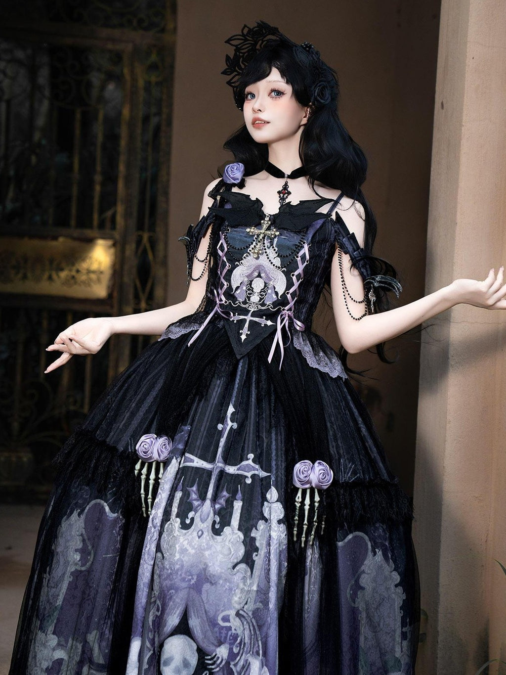 Jing Mu Gothic Lolita Skeletal Corset Floral Chain Strap Jsk Women's Flared Skirt Sets