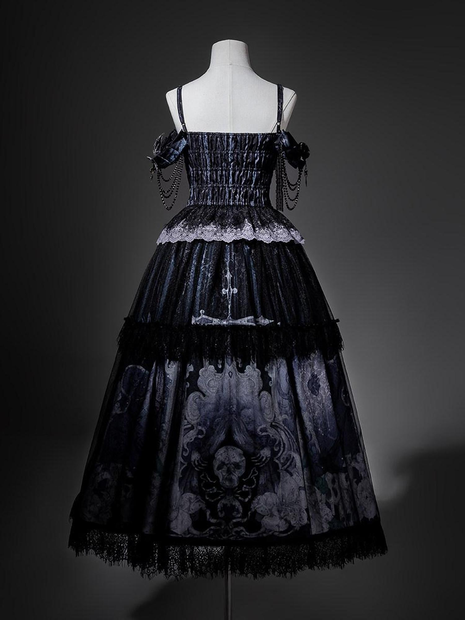 Jing Mu Gothic Lolita Skeletal Corset Floral Chain Strap Jsk Women's Flared Skirt Sets