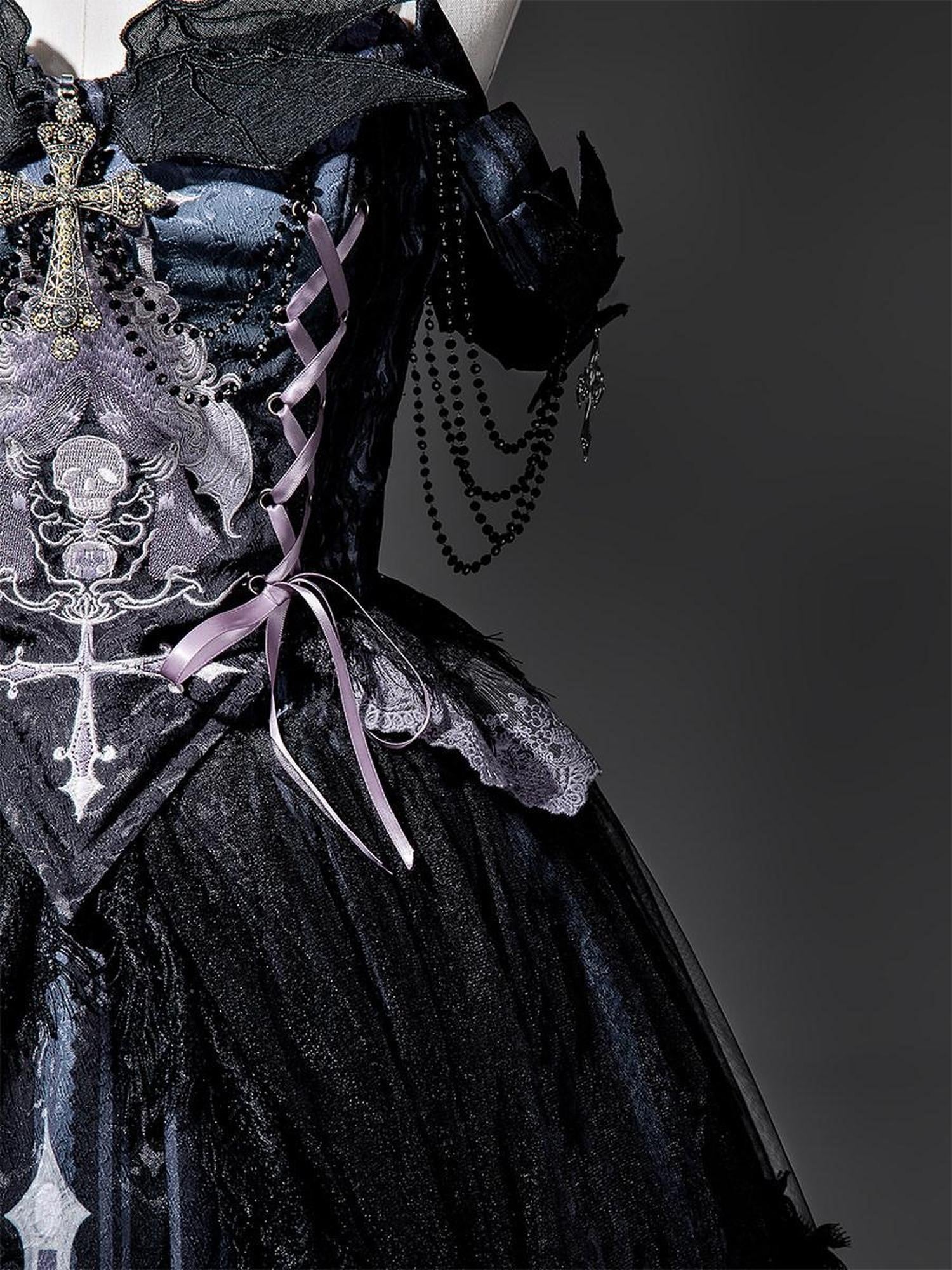 Jing Mu Gothic Lolita Skeletal Corset Floral Chain Strap Jsk Women's Flared Skirt Sets