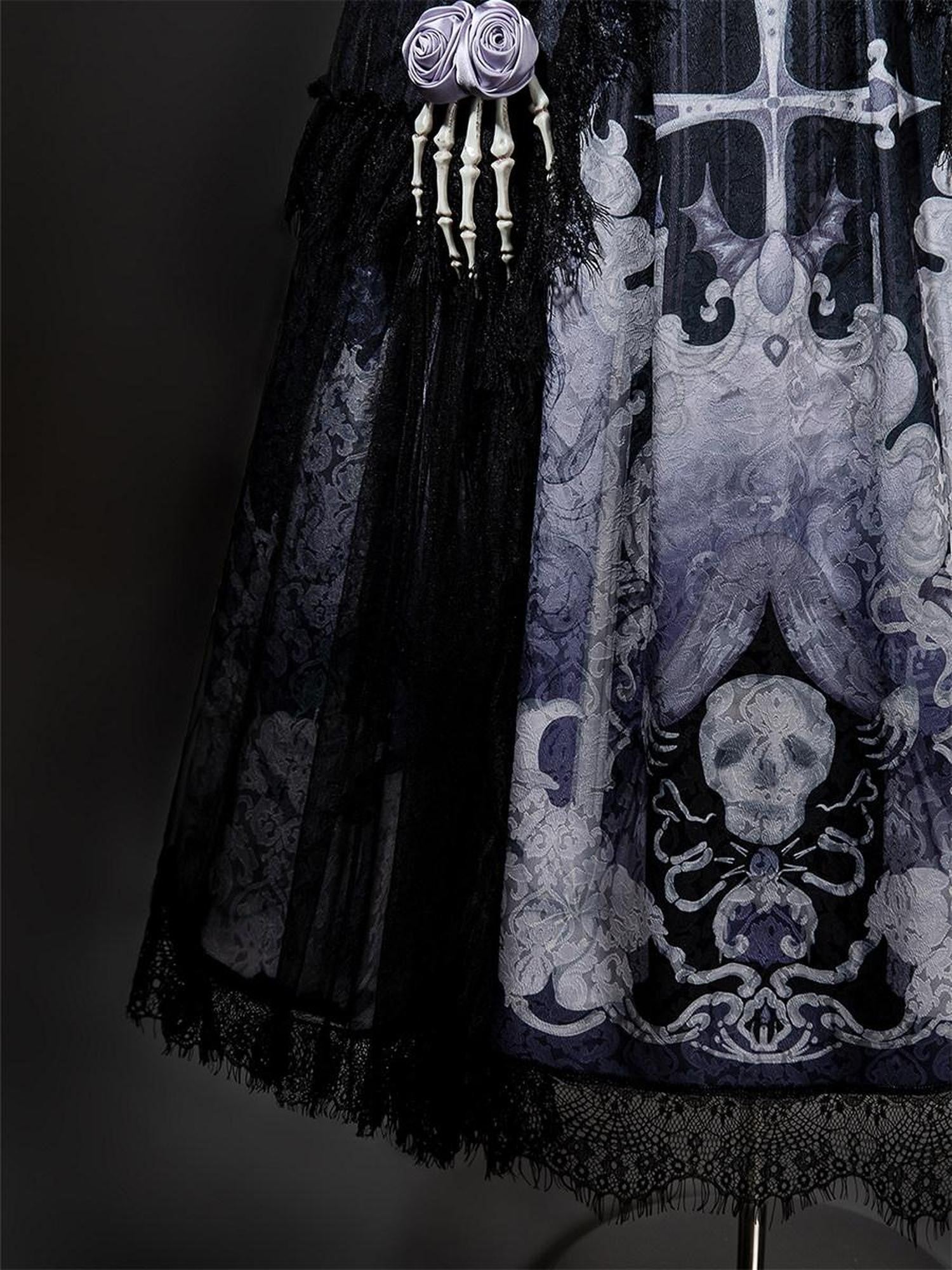 Jing Mu Gothic Lolita Skeletal Corset Floral Chain Strap Jsk Women's Flared Skirt Sets