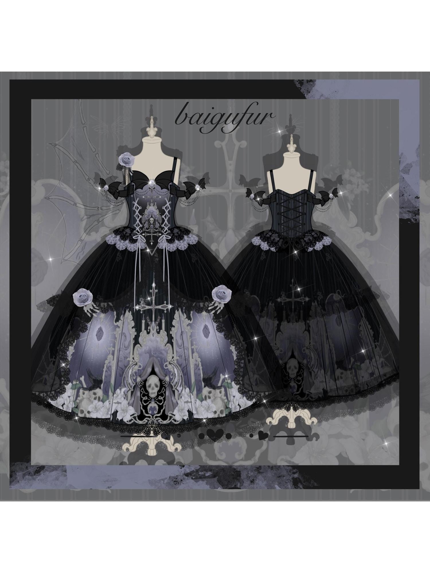 Jing Mu Gothic Lolita Skeletal Corset Floral Chain Strap Jsk Women's Flared Skirt Sets