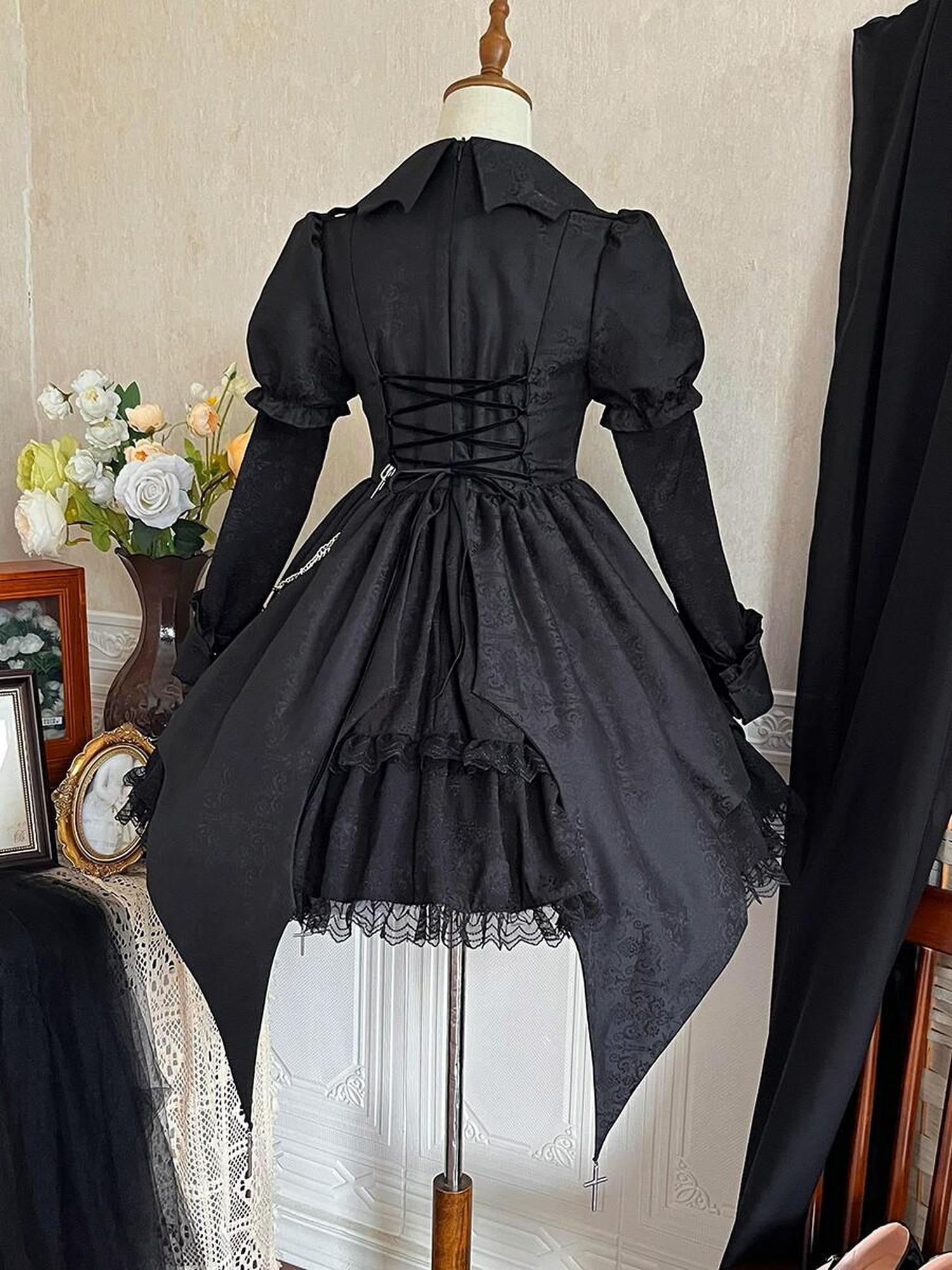 Jing Mu Gothic Lolita Spliced High Waist Polo Aline Women's Polyester Long Sleeve Op