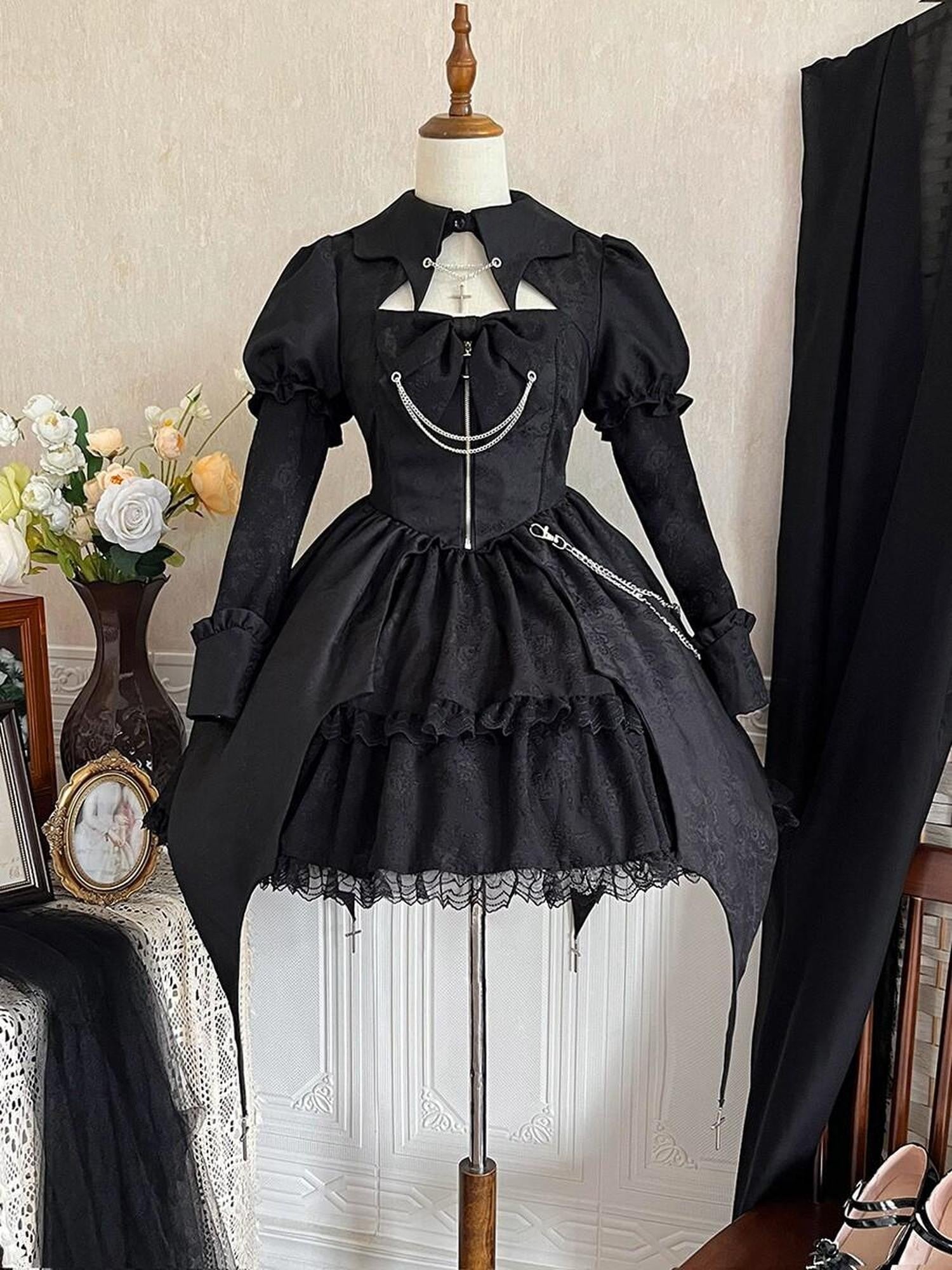 Jing Mu Gothic Lolita Spliced High Waist Polo Aline Women's Polyester Long Sleeve Op